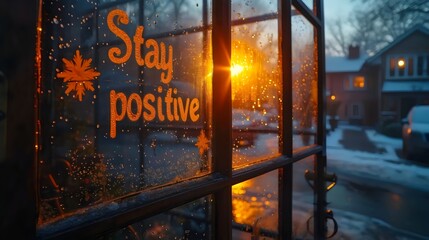 A window with a sign that says "Stay Positive" on it
