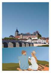 young couple on the river bank, with a house in the background