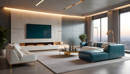 Fototapeta premium High end modern living room with white leather couch and a large flat screen tv mounted on the wall, brutalist architecture mixed with modern futuristic minimal design