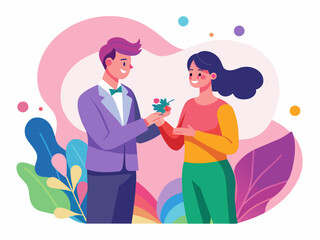 Obraz premium LGBTQ+ Couple Exchanging Rings at Wedding - Love and Equality Vector Illustration