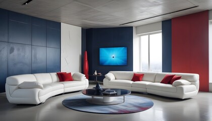 High end modern living room with white leather couch and a large flat screen tv mounted on the wall, brutalist architecture mixed with modern futuristic minimal design