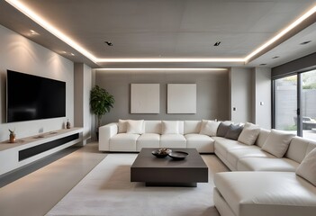 High end modern living room with white leather couch and a large flat screen tv mounted on the wall, brutalist architecture mixed with modern futuristic minimal design