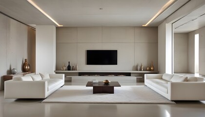 High end modern living room with white leather couch and a large flat screen tv mounted on the wall, brutalist architecture mixed with modern futuristic minimal design