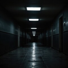 A picture of a dark hallway inside a building whose see