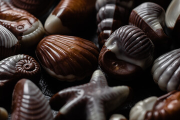Chocolate candies in the shape of shells on a dark background