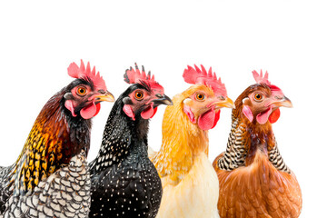 Fototapeta premium Portrait of different hens isolated on a white background