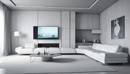 High end modern living room with white leather couch and a large flat screen tv mounted on the wall, brutalist architecture mixed with modern futuristic minimal design