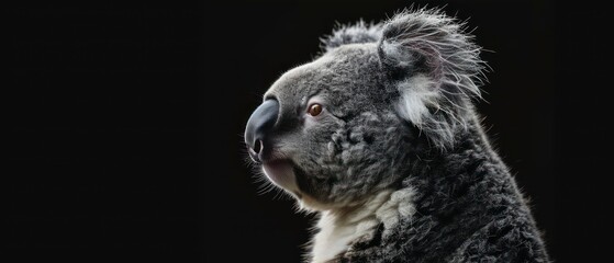 koala looks away against the black backdrop, its silhouette blending into the mysteries of the night