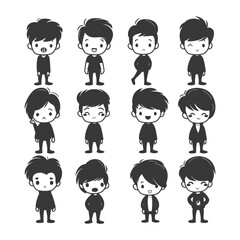 Monochrome Manga: Collection of Stylized Boy Character Silhouettes, Expressive Emotions.