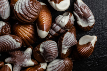 Chocolate candies in the shape of shells on a dark background