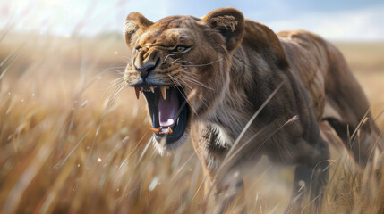 Lioness displays dangerous teeth during light rainstorm National Park South Africa