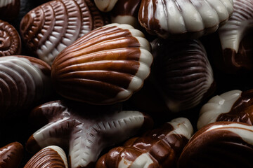 Chocolate candies in the shape of shells on a dark background