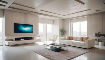 High end modern living room with white leather couch and a large flat screen tv mounted on the wall, brutalist architecture mixed with modern futuristic minimal design