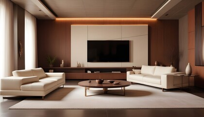 High end modern living room with white leather couch and a large flat screen tv mounted on the wall, brutalist architecture mixed with modern futuristic minimal design