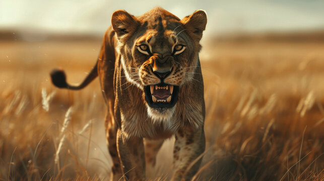 Lioness displays dangerous teeth during light rainstorm National Park South Africa - Powered by Adobe