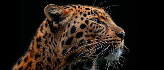 Obraz premium leopard looks away against the black backdrop, its silhouette symbolizing regal strength and nocturnal grace 