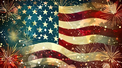 Vibrant illustration of an American flag waving with fireworks in the background for Patriotic Day