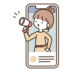 スマートフォンの画面から拡声器を使って発信するインフルエンサーの若い女性