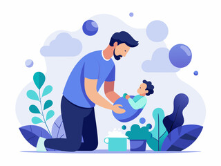 Man changing a baby’s diaper with a detailed background, reflecting themes of parenting and childcare.