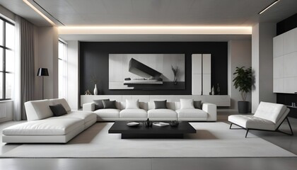High end modern living room with white leather couch and a large flat screen tv mounted on the wall, brutalist architecture mixed with modern futuristic minimal design