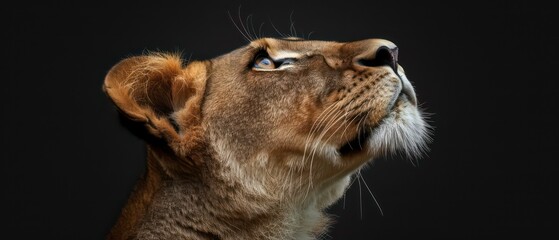 lion stands against the black backdrop, its gaze away, symbolizing the tranquil power of the night