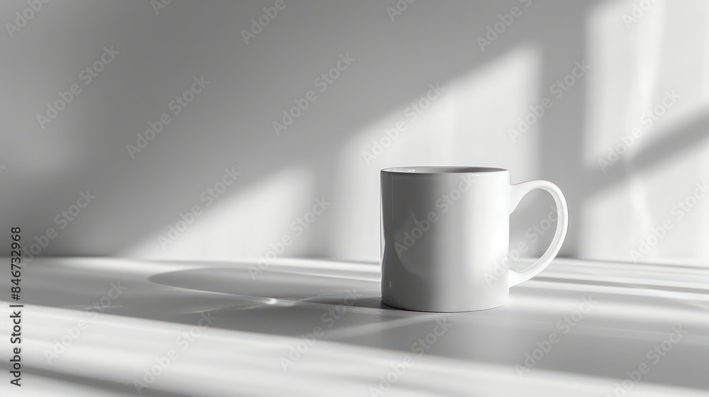 Poster a white coffee cup sits on a table in front of a window