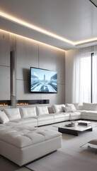 High end modern living room with white leather couch and a large flat screen tv mounted on the wall, brutalist architecture mixed with modern futuristic minimal design