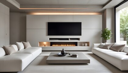 High end modern living room with white leather couch and a large flat screen tv mounted on the wall, brutalist architecture mixed with modern futuristic minimal design