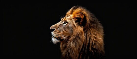 Naklejka premium lion stands against the black backdrop, its gaze away, symbolizing the tranquil power of the night