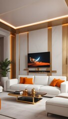 Fototapeta premium High end modern living room with white leather couch and a large flat screen tv mounted on the wall, brutalist architecture mixed with modern futuristic minimal design