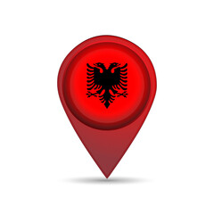 3D location pin icon with Albania flag inside vector image design. 