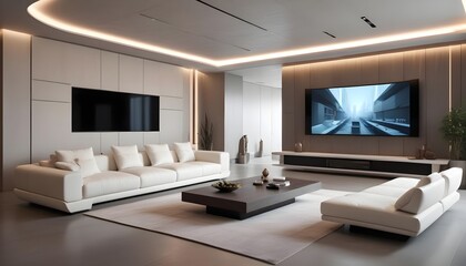 High end modern living room with white leather couch and a large flat screen tv mounted on the wall, brutalist architecture mixed with modern futuristic minimal design