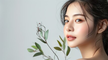 Fototapeta premium A beautiful young Asian woman with clean skin gently touching her shoulder against a white background Cosmetology skincare beauty and spa