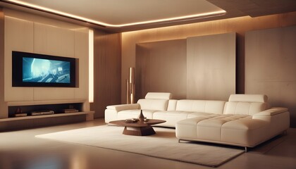 High end modern living room with white leather couch and a large flat screen tv mounted on the wall, brutalist architecture mixed with modern futuristic minimal design