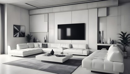 High end modern living room with white leather couch and a large flat screen tv mounted on the wall, brutalist architecture mixed with modern futuristic minimal design