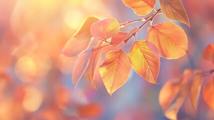 Fototapeta premium Branch with orange autumn leaves in sunlight.