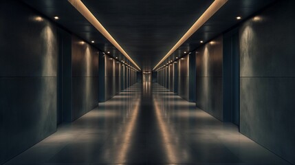 Long modern hallway with dim lighting and reflective floor.