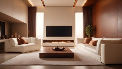 Fototapeta premium High end modern living room with white leather couch and a large flat screen tv mounted on the wall, brutalist architecture mixed with modern futuristic minimal design