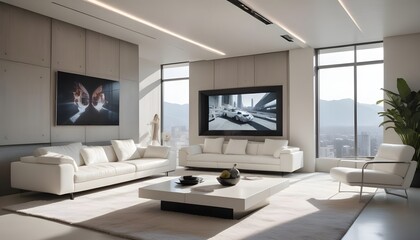 High end modern living room with white leather couch and a large flat screen tv mounted on the wall, brutalist architecture mixed with modern futuristic minimal design