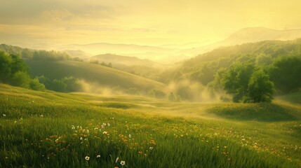 Obraz premium Sunlit rolling hills with wildflowers and trees in a misty landscape.