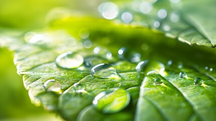Close-up of green leaf with water droplets in sunlight.