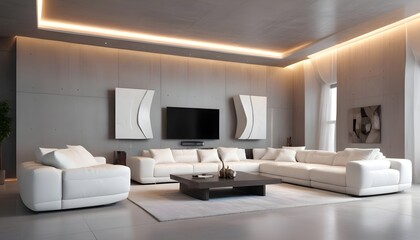 High end modern living room with white leather couch and a large flat screen tv mounted on the wall, brutalist architecture mixed with modern futuristic minimal design