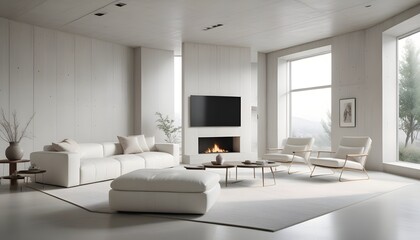 High end modern living room with white leather couch and a large flat screen tv mounted on the wall, brutalist architecture mixed with modern futuristic minimal design