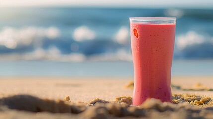 Strawberry smoothie on sandy beach with ocean waves in the background.