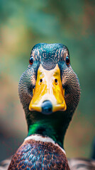 Obraz premium Close-up of duck with colorful feathers, yellow beak.