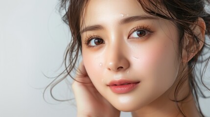 Fototapeta premium A beautiful young Asian woman with clean skin gently touching her shoulder against a white background Cosmetology skincare beauty and spa