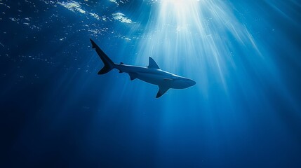 Obraz premium Shark swimming in deep blue ocean with sunlight streaming down.