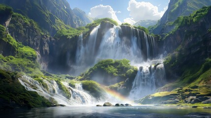 Fototapeta premium Majestic waterfall cascading down a lush green mountain in a tropical rainforest.