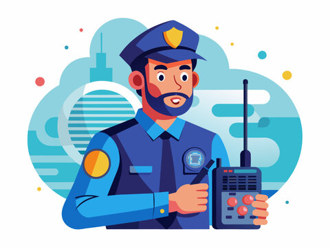 Police officer vector illustration using a radio, perfect for law enforcement themes, emergency services designs, and public safety art