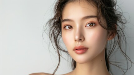 Naklejka premium A beautiful young Asian woman with clean skin gently touching her shoulder against a white background Cosmetology skincare beauty and spa